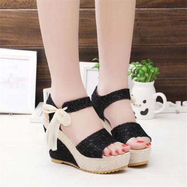 sandals lace shoes gladiator women 2021 summer sweet flowers buckle open toe wedge floral high-heeled platform, Black